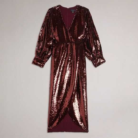 Ted Baker Emaleee Sequin Wrap Plunge Neck Midi Dress Size 2 US 4-6 Dark Red Glam - Picture 11 of 11